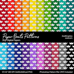 Paper Boats Patterns, 20 Digital Papers 12“x12“, PAT File Included, Rainbow Scrapbook Paper, Seamless Paper, Commercial Use INSTANT DOWNLOAD