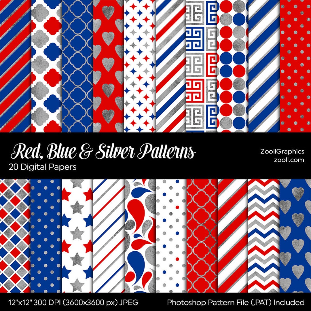 Red, Blue & Silver Patterns, 20 Digital Papers 12“x12“, PAT File ...