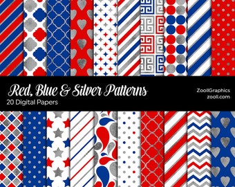 Red, Blue & Silver Patterns, 20 Digital Papers 12“x12“, PAT File Included, Seamless Patriotic Patterns, Commercial Use, INSTANT DOWNLOAD