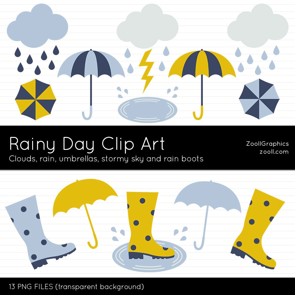 Rainy Day Clip Art - Blue & Yellow, 13 PNG Files, Clouds, Boots, Puddle, Umbrellas, Transparent Background, Commercial Use, INSTANT DOWNLOAD