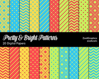 Pretty And Bright Patterns, 20 Digital Papers (12“x12“), Neon Paper, Pattern File .PAT Included, Seamless, Commercial Use,  INSTANT DOWNLOAD