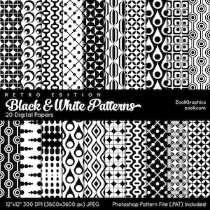 Modèles noirs et blancs - Retro Backgrounds, 20 Digital Papers 12"x12", Pattern File PAT Inclus, Seamless, Commercial Use INSTANT DOWNLOAD