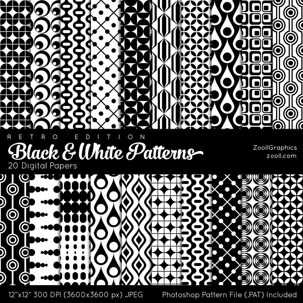 Black White Patterns Retro Backgrounds 20 Digital Papers 12x12 Pattern File PAT Included Seamless Commercial Use INSTANT DOWNLOAD Etsy