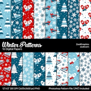Winter Patterns, Digital Paper, 16 Digital Papers (12“x12“), Photoshop Pattern File .PAT Included, Seamless Paper, INSTANT DOWNLOAD