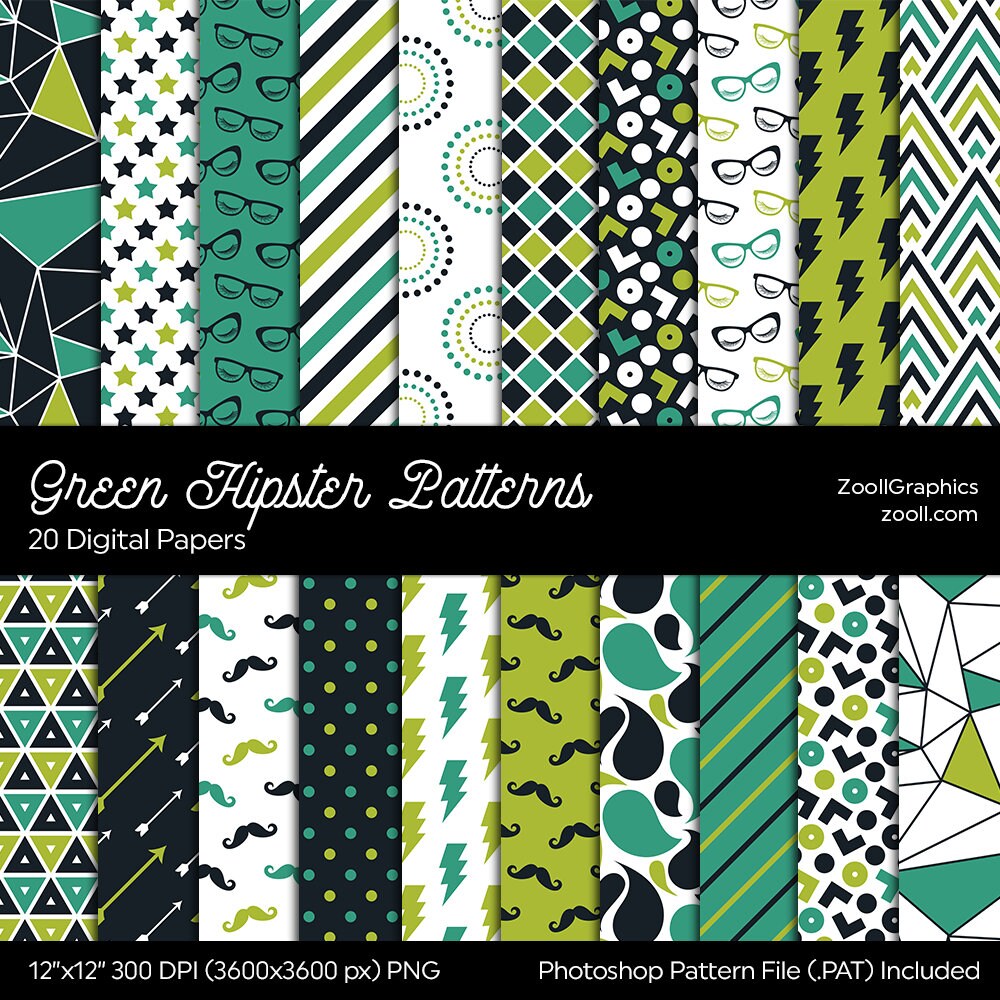 Green Hipster Patterns 20 Digital Papers 12x12 Etsy