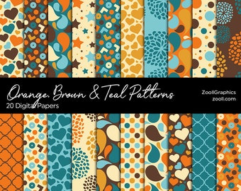 Orange, Brown & Teal Patterns, 20 Digital Papers (12“x12“), Photoshop Pattern File .PAT Included, Seamless, Commercial Use, INSTANT DOWNLOAD