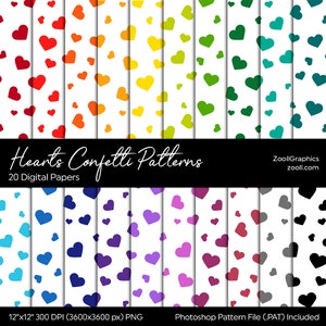 Hearts Confetti Patterns, 20 Digital Papers 12“x12“, PAT File Included, Rainbow Scrapbook Paper, Seamless, Commercial Use, INSTANT DOWNLOAD