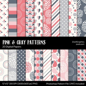 Pink And Gray/Grey Patterns, Digital Paper, 20 Digital Papers (12“x12“), Photoshop Pattern File .PAT Included, Seamless, INSTANT DOWNLOAD