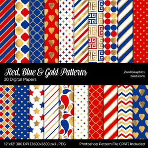Red, Blue & Gold Patterns, 20 Digital Papers 12“x12“, Patriotic Background, PAT File Included, Seamless, Commercial  Use, INSTANT DOWNLOAD