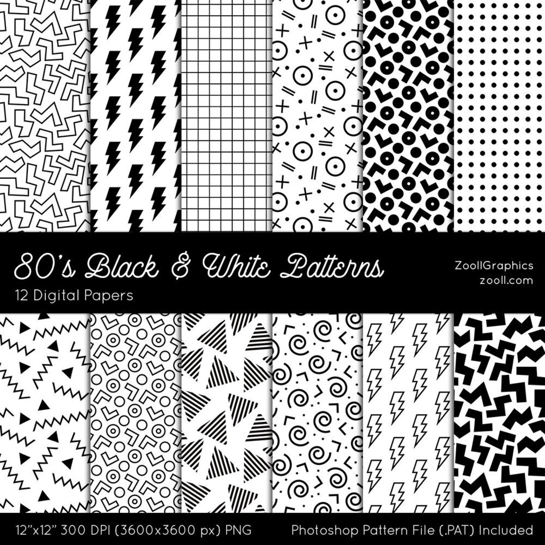 80's Black & White Patterns, 12 Digital Papers (12“x12