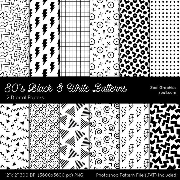 80's Black & White Patterns, 12 Digital Papers (12“x12“), Photoshop Pattern File .PAT Included, Seamless, Commercial Use, INSTANT DOWNLOAD