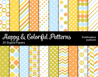 Happy And Colorful Patterns, 20 Digital Papers 12"x12", PAT File Included, Seamless Background, Commercial Use, INSTANT DOWNLOAD