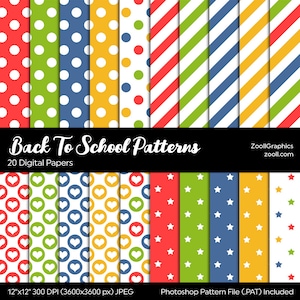 Patrones de regreso a la escuela, 20 documentos digitales (12 "x 12"), papeles de colores primarios, archivo PAT incluido, uso comercial, descarga instantánea