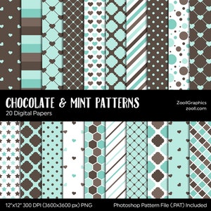 Cioccolato & Mint Patterns, 20 Digital Papers 12x12, Inviti di sfondo doccia bambino, Carta da regalo, uso commerciale, DOWNLOAD INSTANT
