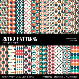 Retro Patterns, 60's/70's Patterns, 20 Digital Papers 12“x12“, PAT File Included, Seamless, Tileable, Commercial Use, INSTANT DOWNLOAD