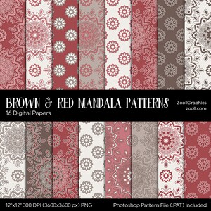 Padrões de mandala marrom e vermelho, papel floral, 16 papéis digitais 12x12, arquivo de padrão PAT incluído, sem costura, uso comercial, DOWNLOAD INSTANTÂNEO