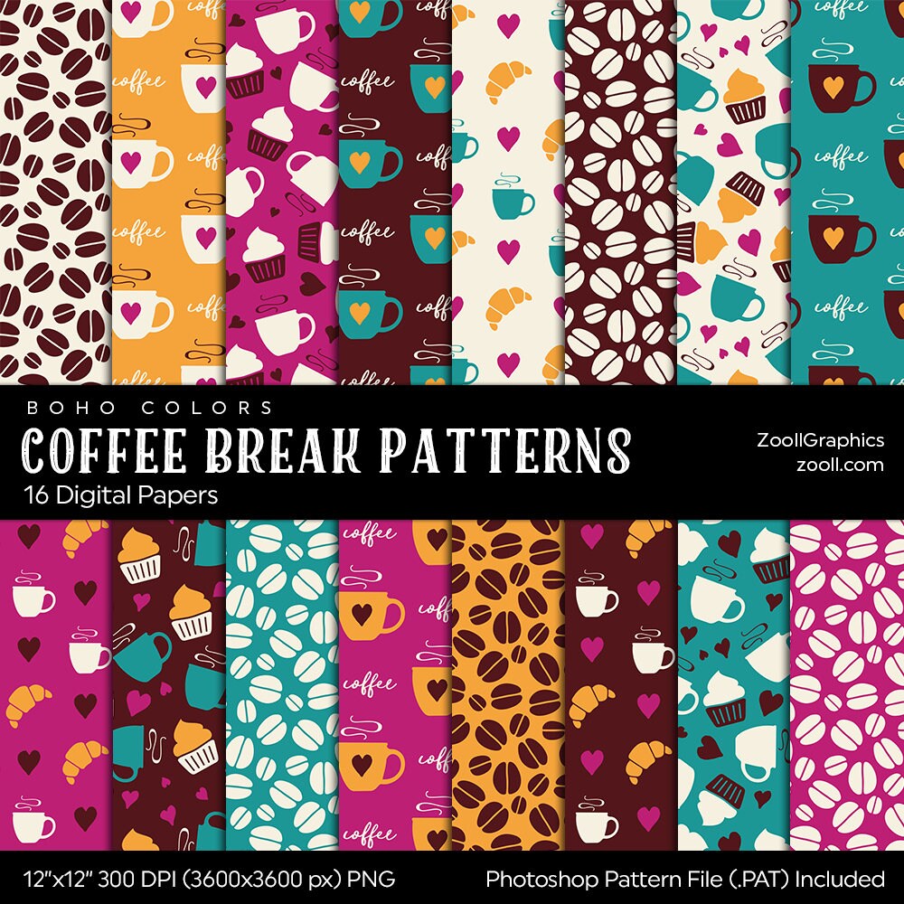Color Break Pattern Coffee Break Patterns - Boho Colors, 16 Digital Papers 12x12, Photoshop ...