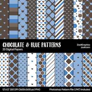 Padrões de chocolate e azuis, 20 papéis digitais 12x12, sem costura, convites de fundo para chá de bebê, uso comercial, DOWNLOAD INSTANTÂNEO