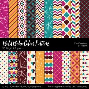 Padrões de cores Boho em negrito, 20 papéis digitais (12 “x 12”), arquivo PAT incluído, fundo Boho sem costura, uso comercial, DOWNLOAD INSTANTÂNEO