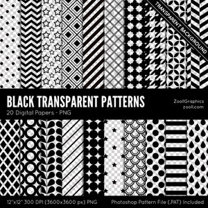 Black Transparent Patterns, 20 Digital Papers (12“x12“), Transparent Background, Pattern File PAT Included, Commercial Use INSTANT DOWNLOAD