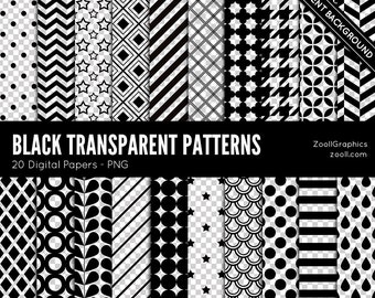 Black Transparent Patterns, 20 Digital Papers (12“x12“), Transparent Background, Pattern File PAT Included, Commercial Use INSTANT DOWNLOAD