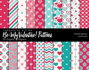 Be My Valentine Patterns–Turquoise & Pink, 20 Digital Papers (12“x12“), Pattern File PAT Included, Seamless, Commercial Use INSTANT DOWNLOAD