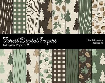 Forest Digital Papers, Autumn Leaves, Fall Scrapbooking Paper, Wood Background, 16 Digital Papers 12x12, Commercial Use, INSTANT DOWNLOAD