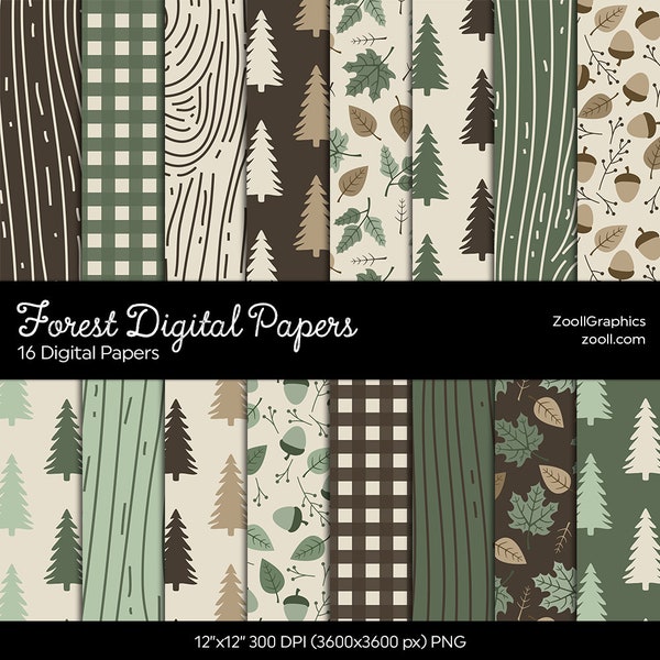 Forest Digital Papers, Autumn Leaves, Fall Scrapbooking Paper, Wood Background, 16 Digital Papers 12x12, Commercial Use, INSTANT DOWNLOAD