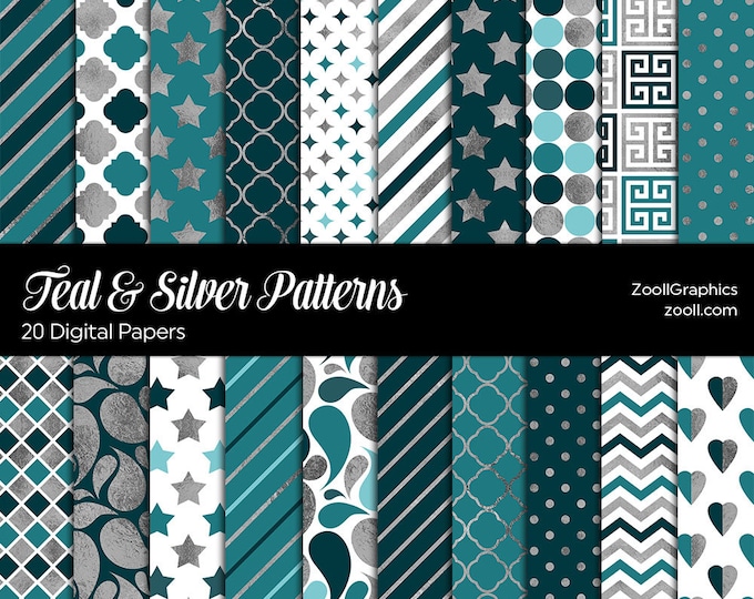 Tele Pattern Silver Teal & Silver Patterns, 20 Digital Papers 12