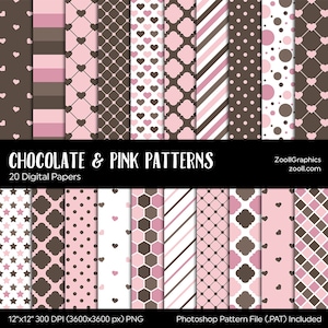 Chocolate & Pink Patterns, 20 Digital Papers 12x12, Seamless, Baby Shower Background Invitations, PAT File, Uso Comercial, DESCARGA INSTANTE