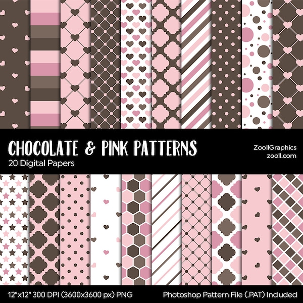 Chocolate & Pink Patterns, 20 Digital Papers 12x12, Seamless, Baby Shower Background Invitations, PAT File, Commercial Use, INSTANT DOWNLOAD