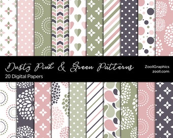 Dusty Pink & Green Patterns, 20 Digital Papers 12“x 12“, Pattern File PAT Included, Seamless Pattern Paper, Commercial Use, INSTANT DOWNLOAD