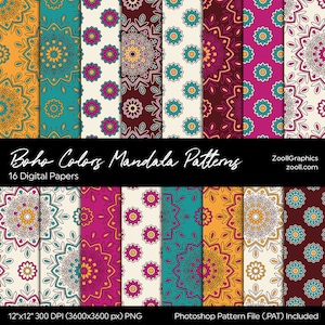 Boho Colors Mandala Patterns, 16 Digital Papers 12“x12“, Photoshop Pattern File PAT Included, Seamless, Commercial Use, INSTANT DOWNLOAD