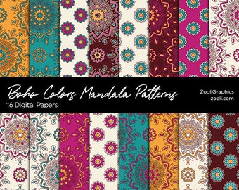 Boho Colors Mandala Patterns, 16 Digital Papers 12“x12“, Photoshop Pattern File PAT Included, Seamless, Commercial Use, INSTANT DOWNLOAD