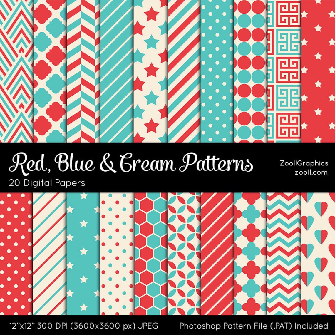 Red Blue and Cream Patterns 20 Digital Papers 12x12 - Etsy