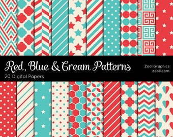 Red, Blue And Cream Patterns, 20 Digital Papers (12“x12“), Carnival Paper, PAT File Included, Seamless, Commercial Use, INSTANT DOWNLOAD