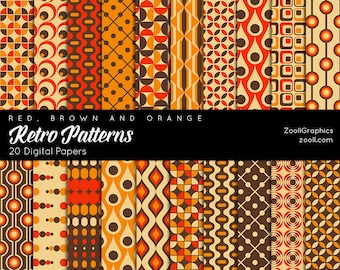 Retro Patterns – Red, Brown & Orange, 60&#39;s/70&#39;s Patterns, 20 Digital Papers 12“x12“, PAT File, Seamless, Commercial Use, INSTANT DOWNLOAD