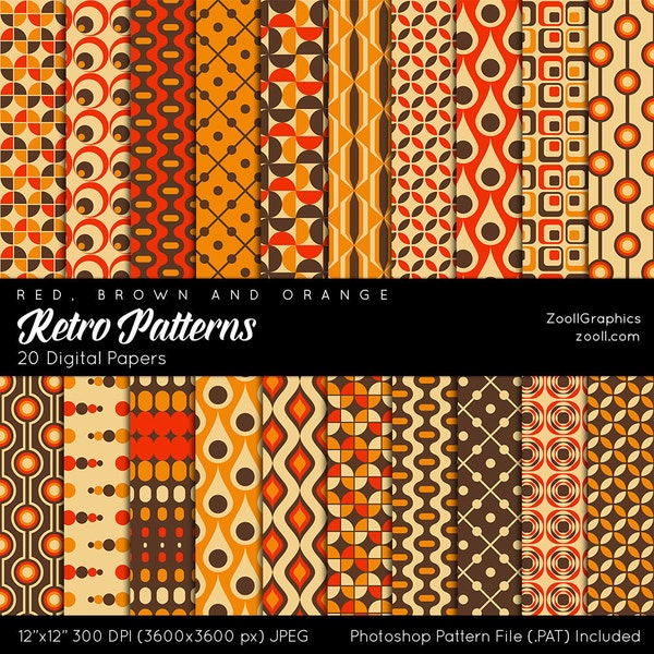 Motifs rétro – Rouge, Marron et Orange, Motifs des années 60/70, 20 papiers numériques 12"x12", Fichier PAT, Transparent, Utilisation commerciale, TÉLÉCHARGEMENT INSTANTANÉ