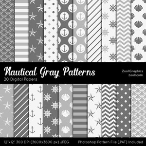 Nautical Gray Patterns, 20 Digital Papers 12x12, Photoshop Pattern File .PAT Included, Seamless, Commercial Use, INSTANT DOWNLOAD image 1