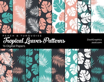 Tropical Leaves Peach & Turquoise Patterns, 16 Digital Papers 12x12, Pattern File PAT Included, Seamless, Commercial Use, INSTANT DOWNLOAD