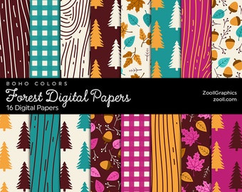Forest Digital Papers – Boho Colors, 16 Digital Papers 12x12, Commercial Use, INSTANT DOWNLOAD
