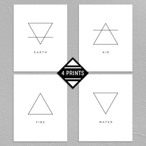 Láminas de los Cuatro Elementos: Tierra, Aire, Fuego y Agua. Signos de los Elementos Clásicos. Magia. Pósteres minimalistas. Blanco y negro. Descarga instantánea.