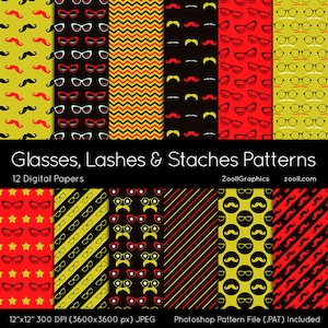 Brille, Wimpern und Staches Muster, 12 digitale Papiere (12 "x 12"), Photoshop Muster-Datei. PAT Inklusive, Nahtlos, INSTANT DOWNLOAD