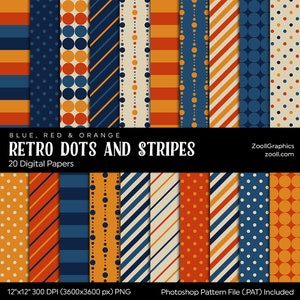 Motivi a pois e strisce retrò – blu, rosso e arancione, 20 fogli digitali 12"x12", file PAT incluso, carta retrò senza soluzione di continuità DOWNLOAD IMMEDIATO