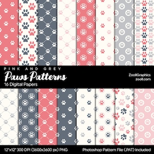 Paws Patterns – Pink And Grey, 16 Digital Papers 12"x12 », Cat Dog Paw Print, PAT File, Seamless Paper, Commercial use, INSTANT DOWNLOAD