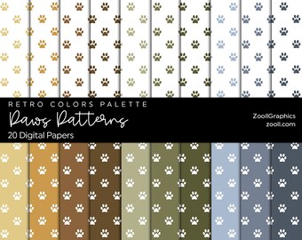 Paws Patterns, 20 Digital Papers 12“x12“, Retro Colors Scrapbook Paper, PAT File Included, Seamless Paper, Commercial Use, INSTANT DOWNLOAD