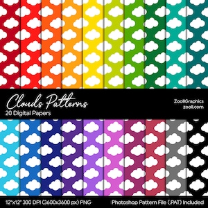Clouds Patterns, 20 Digital Papers 12“x12“, PAT File Included, Rainbow Scrapbook Paper, Seamless Paper, Commercial Use, INSTANT DOWNLOAD