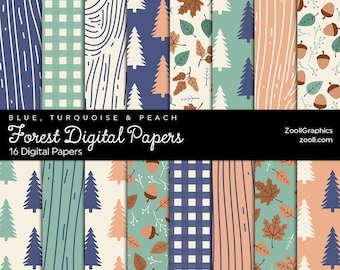 Forest Digital Papers – Blue, Turquoise & Peach, 16 Digital Papers 12x12, Commercial Use, INSTANT DOWNLOAD