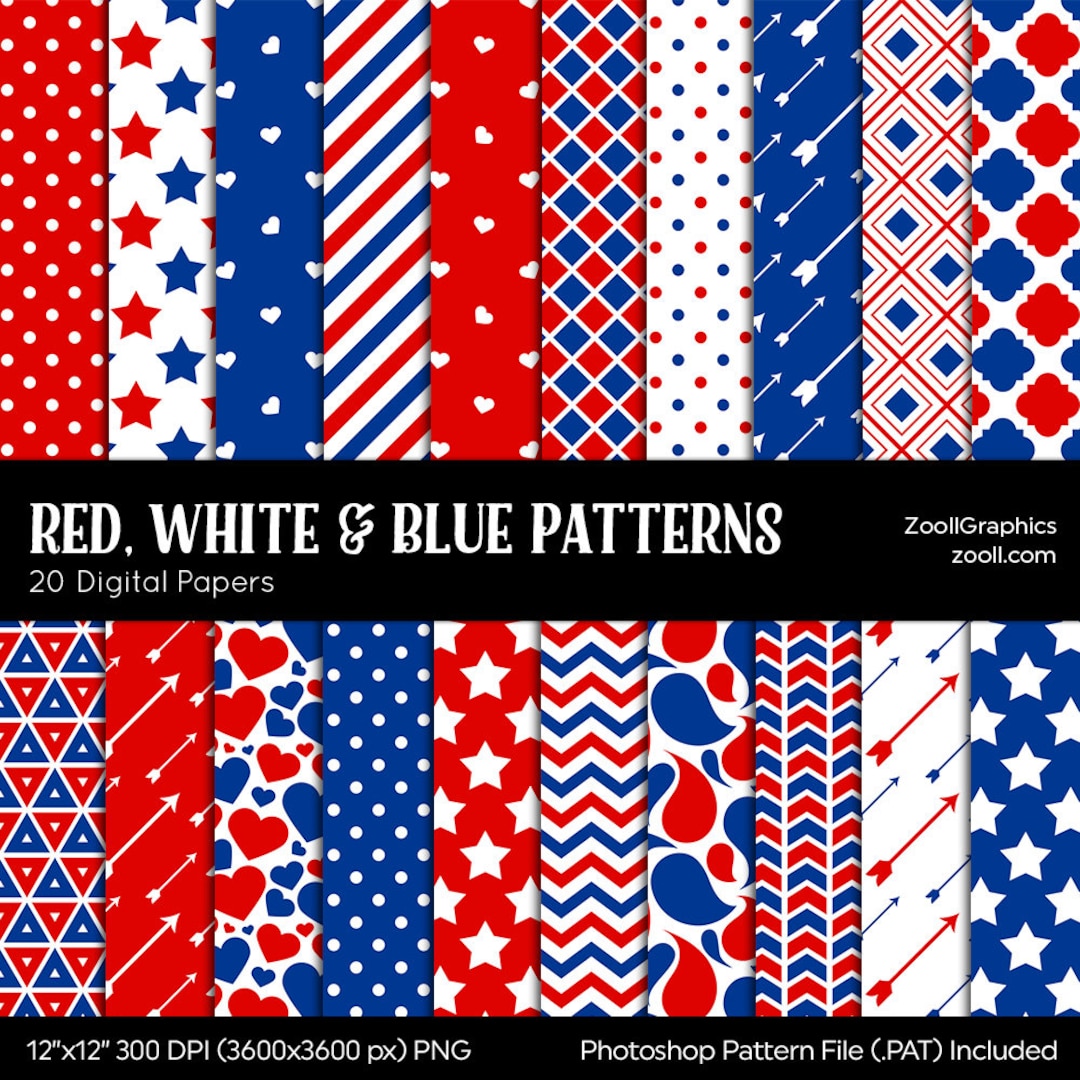 Red, White & Blue Patterns, 20 Digital Papers 12x12, Pattern