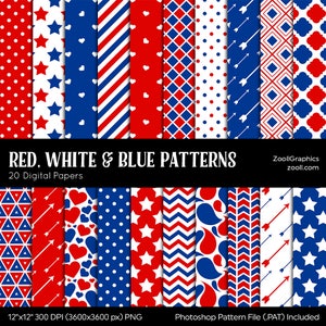 Rot, weiß & blau Muster, 20 digitale Papiere 12 "x 12", Photoshop Muster Datei PAT enthalten, nahtlos, kommerzielle Nutzung, INSTANT DOWNLOAD
